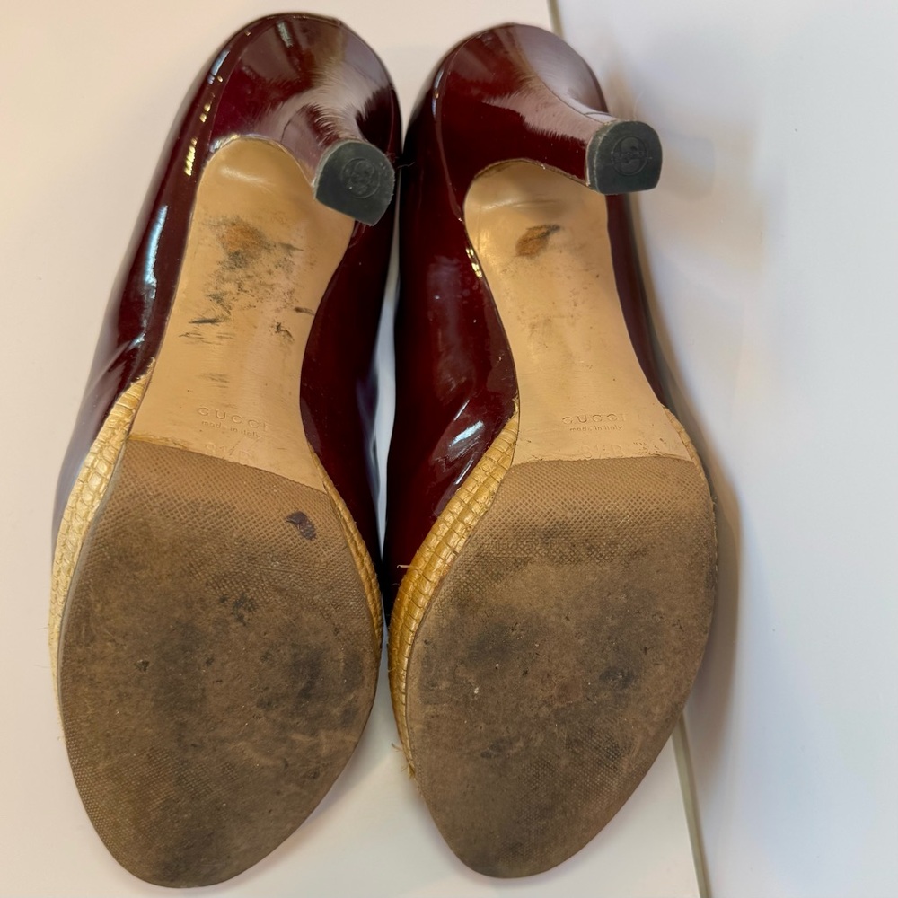 Gucci Burgundy Patent Leather Sandal W Bamboo Platform & Horsebit Accent Sz 8.5 - Picture 13 of 15